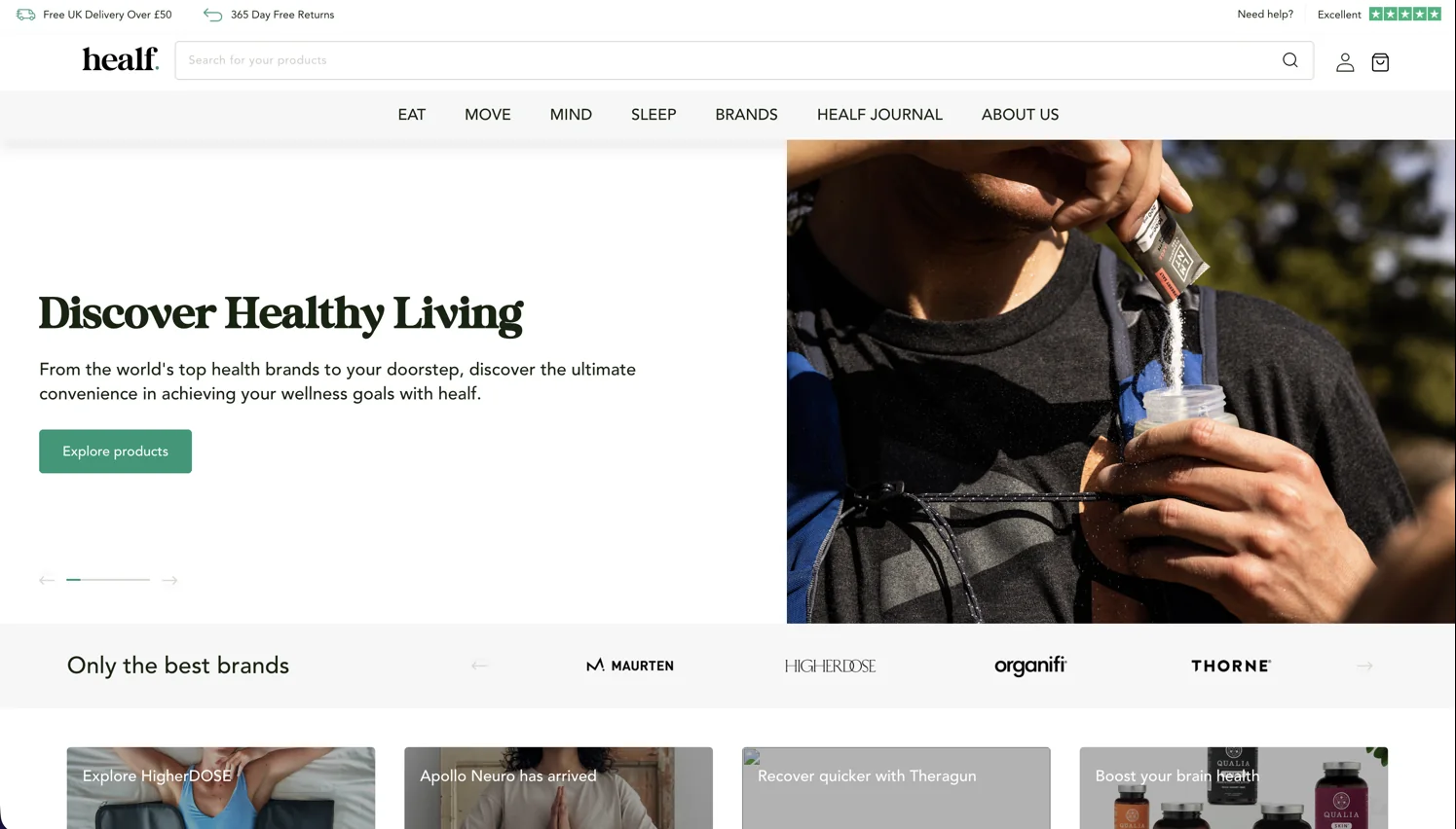 Healf Shopify Redesign, above the fold